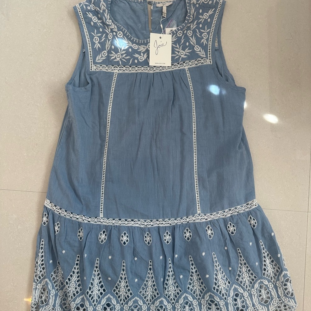 Blue Sleeveless Dress with White Embroidery
